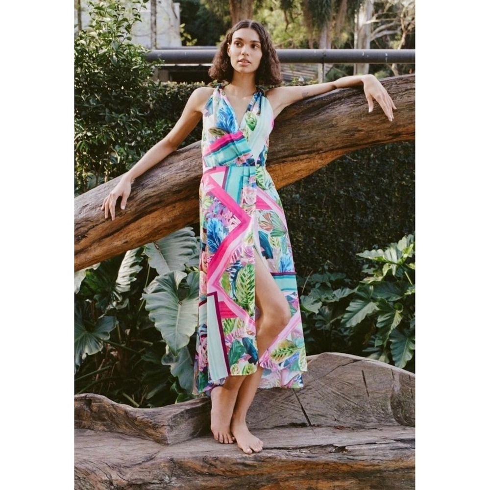 ZARA Satin Tropical Print Midi Dress XS Multicolor Patchwork Cross Back Halter
